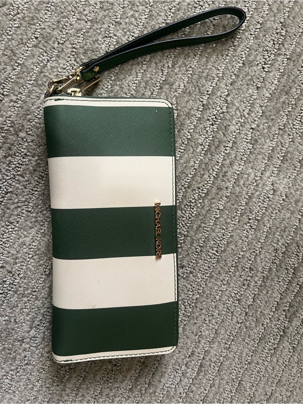 Michael Kors Green and White Striped Wristlet Wallet with Gold Logo